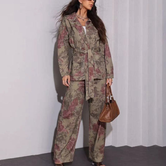 Conjunto Denim Estampado Floral (Casaco & Calças)