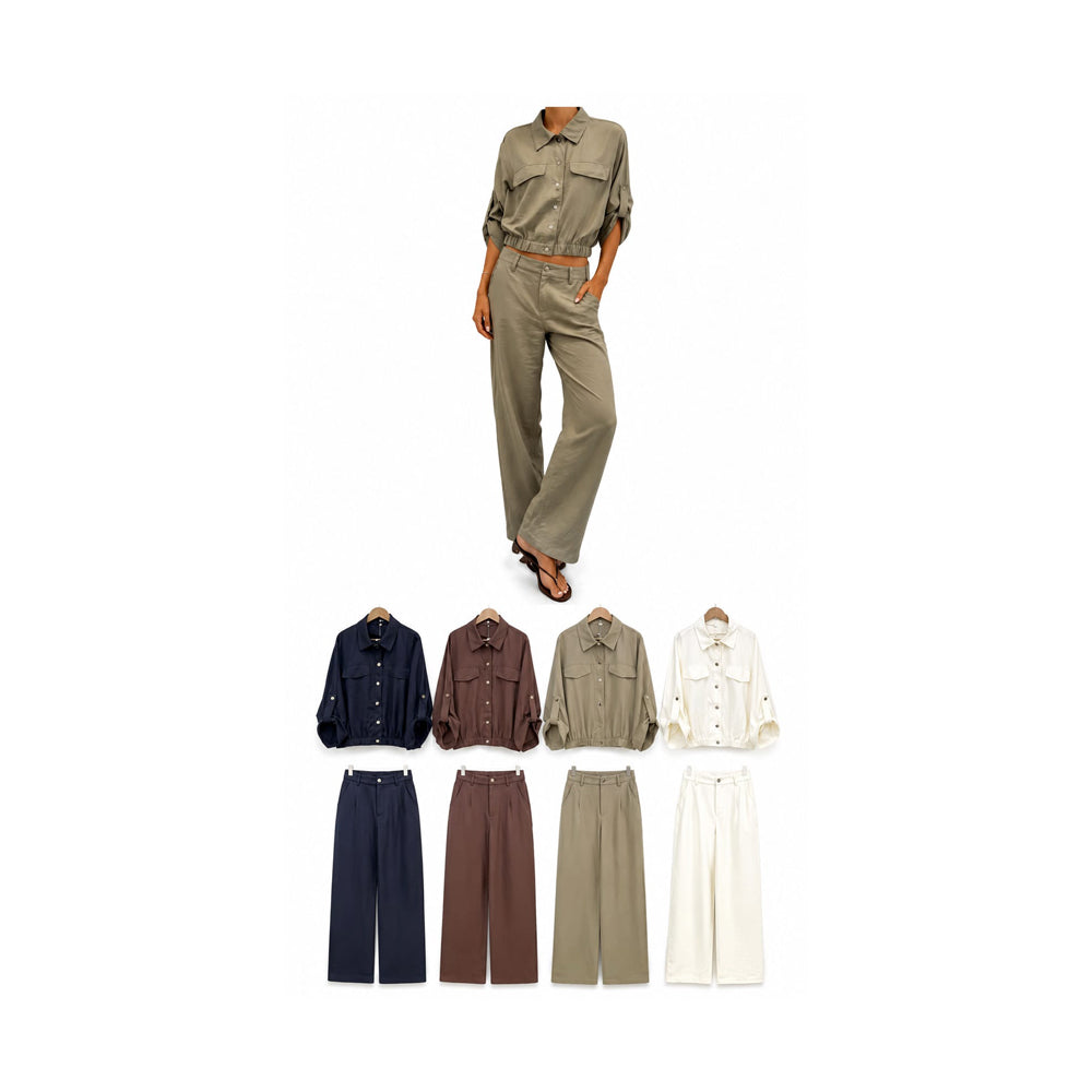 Conjunto camisa e calças de perna larga