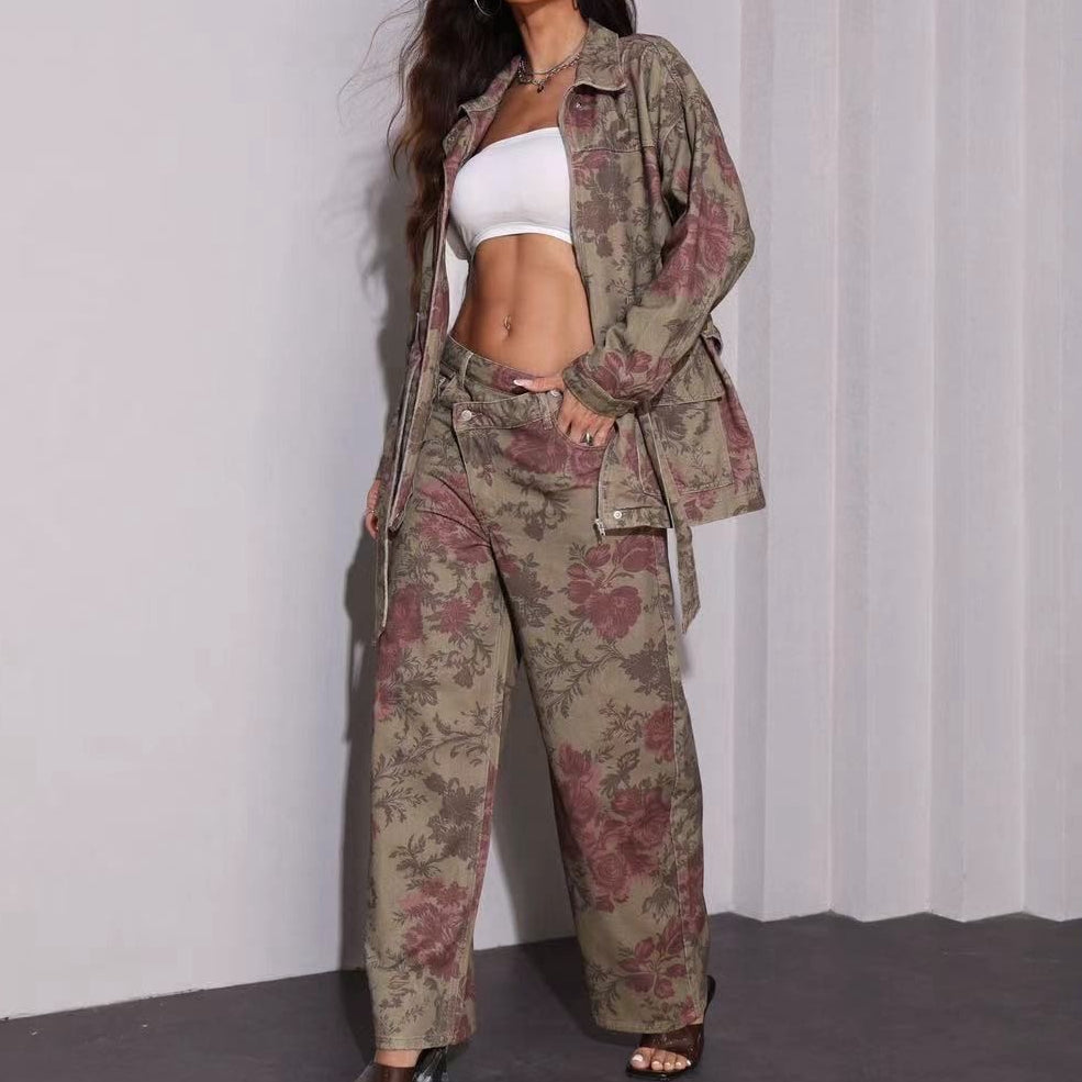 Conjunto Denim Estampado Floral (Casaco & Calças)