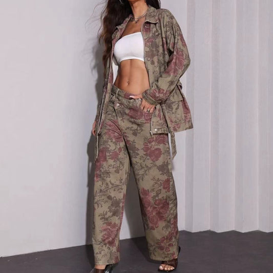 Conjunto Denim Estampado Floral (Casaco & Calças)