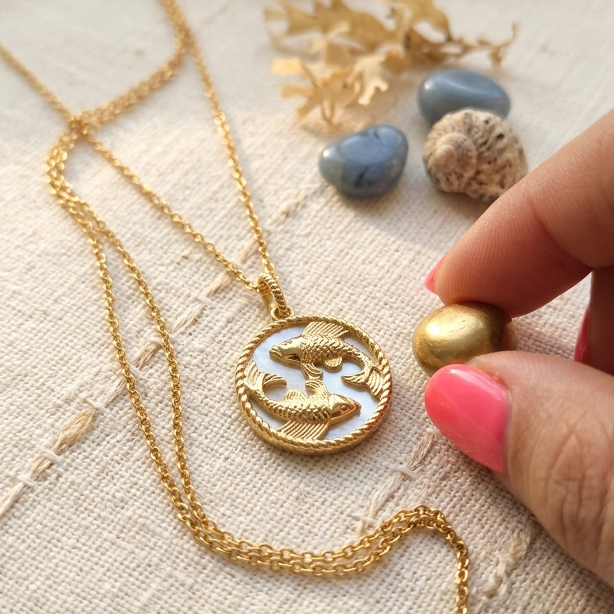 Colar com medalha do signo Peixes.