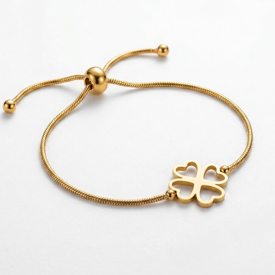 Pulseira Ajustável Trevo Dourada em Aço Inoxidável