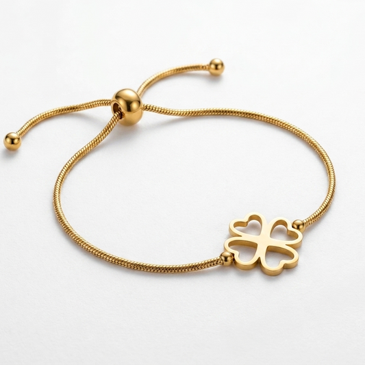 Pulseira Ajustável Trevo Dourada em Aço Inoxidável